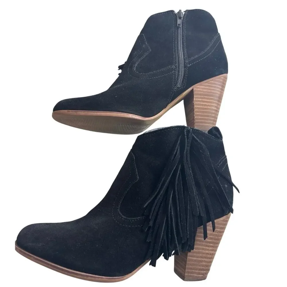 Steve Madden Cian Black Suede Fringe Ankle Boots 8M Western Boho Stacked Heel